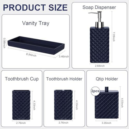 Bathroom Accessories Set Resin 6PCS, Square Toothbrush Holders Set Complete with Soap Dispenser, Vanity Tray, Tumbler, Cups and Cotton Swab Jars (Navy Diamond, Resin Bath 6 PCS)