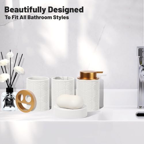 Kukikan Ceramic Bathroom Accessories Set, 4 Pcs-Includes Lotion Soap Dispenser, Toothbrush Holder, Vanity Tray, and Tumbler, Modern Bathroom Decor Organizer with Soap Dish, Apothecary Jar, White Color