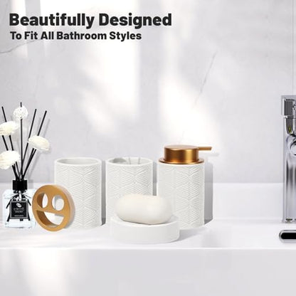 Kukikan Ceramic Bathroom Accessories Set, 4 Pcs-Includes Lotion Soap Dispenser, Toothbrush Holder, Vanity Tray, and Tumbler, Modern Bathroom Decor Organizer with Soap Dish, Apothecary Jar, White Color