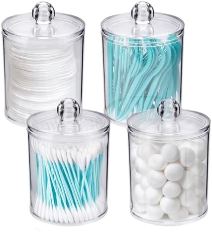 WEISHI 4 Pack Qtip Holder Dispenser - Cotton Ball, Swab, Round Pads, Floss , Small Clear Plastic Apothecary Jar Containers with Lids for Bathroom Storage and Organization, Vanity Organizer