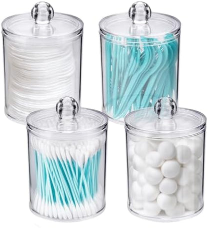 WEISHI 4 Pack Qtip Holder Dispenser - Cotton Ball, Swab, Round Pads, Floss , Small Clear Plastic Apothecary Jar Containers with Lids for Bathroom Storage and Organization, Vanity Organizer