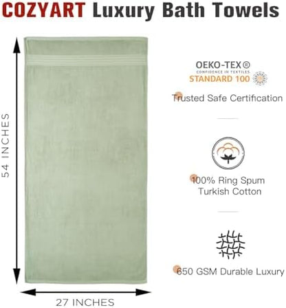 COZYART Luxury Bath Towels 4 PCS, 27x54 650 GSM Turkish Cotton, Sage Green