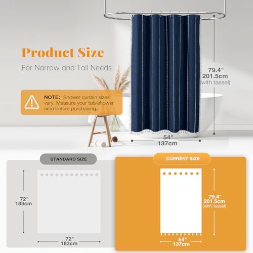 BTTN 54x78 Boho Farmhouse Linen Heavy Duty Shower Curtain Set, Navy Blue
