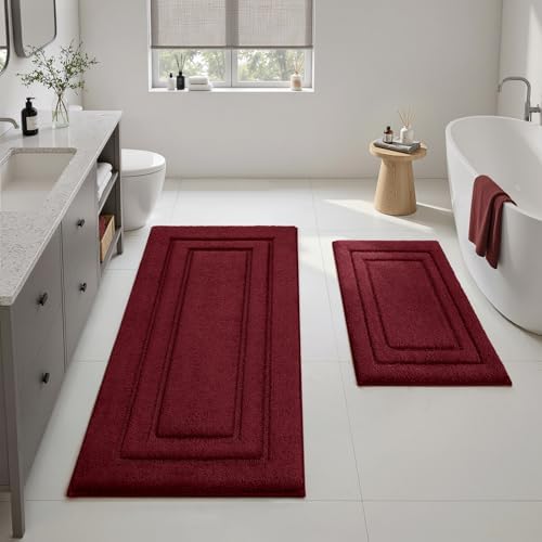 HOMEIDEAS Bathroom Rugs Sets 2 Piece, Extra Long Bath Mat Burgundy Red