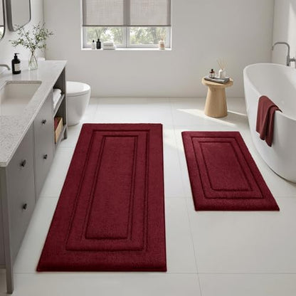 HOMEIDEAS Bathroom Rugs Sets 2 Piece, Extra Long Bath Mat Burgundy Red