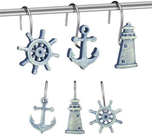 Amyhill 12 Pcs Nautical Shower Curtain Hooks Decorative Shower Curtain Rings Stainless Steel Resin Sea Theme Bathroom Decor Suitable for Home Bedroom