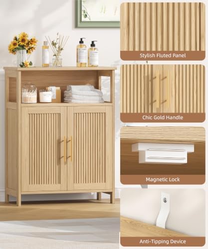 Keehusux Fluted Bathroom Storage Cabinet with 2 Doors & Shelf, Natural Oak