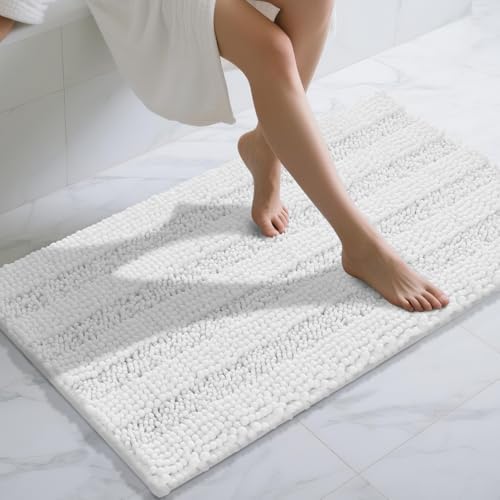 Yimobra Bathroom Rug Mat 47 x 24, Non Slip and Super Absorbent Bath Mat,Machine Washable Quick Dry,Ultra Plush Chenille Shower Rugs for Bathroom Floor Sink Tub and Shower Outside,White