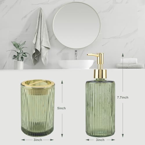 Green Glass Bathroom Accessories Set, Soap Dispenser and Toothbrush Holder
