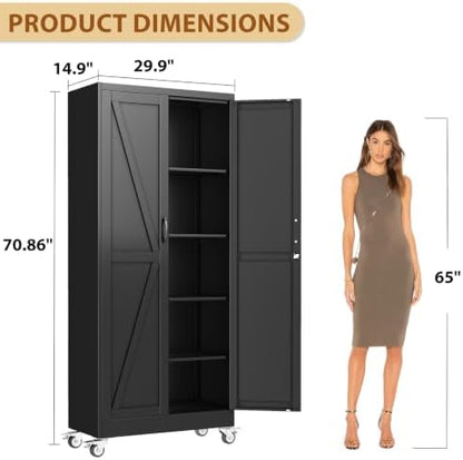 71" Metal Garage Storage Locker Cabinet with Wheels,Rolling Black Farmhouse Kitchen Pantry Cabinet with 2 Doors and 4 Adjustable Shelves, Steel File Tool Cabinet for Home Office Warehouse