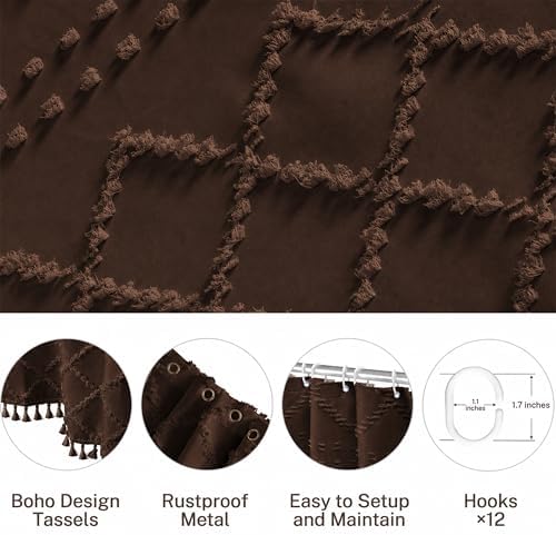 Boho Brown Shower Curtain Woven Fabric Shower Curtain 72 x 72 Tufted Chevron Striped Shabby Chic Textured, Modern Farmhouse Minimalist, Water Resistant Curtain Set for Bathroom, Hotel Decor