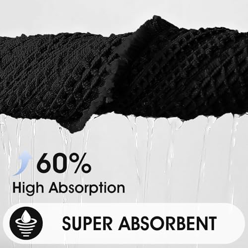 Upgraded Waffle Bath Mat Set 3 Piece Black-Looped, Super Absorbent Non-Slip Quick Dry Bathroom Rugs with Tassels, Machine Washable Ultra Soft Boho Bath Rugs for Floor, Toilet Mats Boho Farmhouse Decor