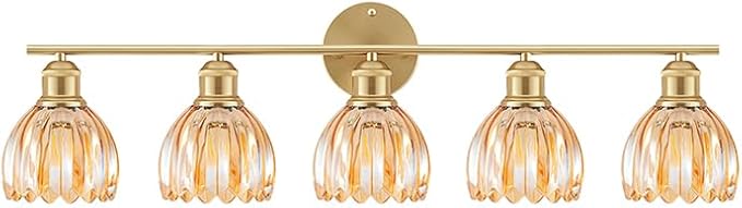 Bathroom Light Fixtures, 5-Light Brushed Gold Vanity Lights for Bathroom with Amber Tulip Glass Shade, 30" Vintage Bathroom Vanity Lighting Fixtures Over Mirror for Bedroom Living Room Hallway