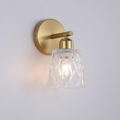 Brushed Gold Bathroom Wall Sconce, 1-Light Stainless Steel Vanity Light Over Mirror with Textured Glass Shade, Modern E26 Fixture for Bathroom Lighting (Bulb Not Included)