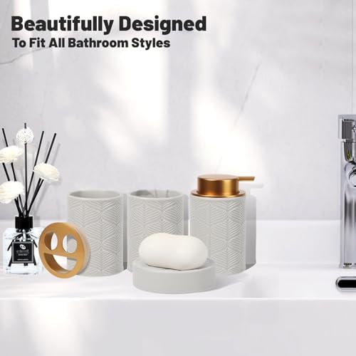 Kukikan Ceramic Bathroom Accessories Set, 4 Pcs-Includes Lotion Soap Dispenser, Toothbrush Holder, Vanity Tray, and Tumbler, Modern Bathroom Decor Organizer with Soap Dish, Apothecary Jar, Grey Color