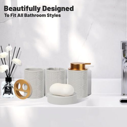 Kukikan Ceramic Bathroom Accessories Set, 4 Pcs-Includes Lotion Soap Dispenser, Toothbrush Holder, Vanity Tray, and Tumbler, Modern Bathroom Decor Organizer with Soap Dish, Apothecary Jar, Grey Color