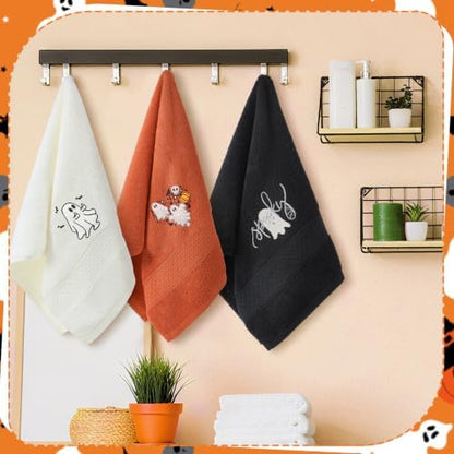 FuWeave 3 Pcs Black Orange Halloween Ghost Hand Towels for Bathroom