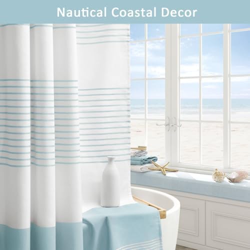 Aqua Blue Coastal Ocean Cotton Striped Shower Curtain with Tassel 72W X 72L