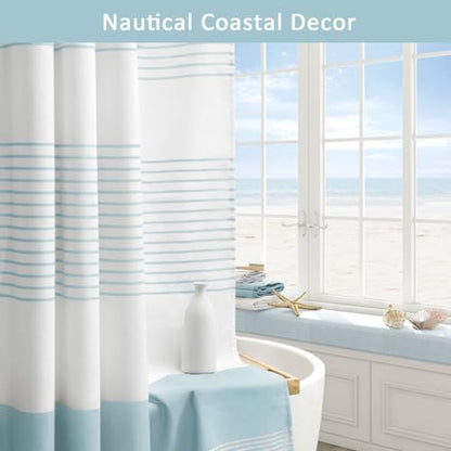 Aqua Blue Coastal Ocean Cotton Striped Shower Curtain with Tassel 72W X 72L