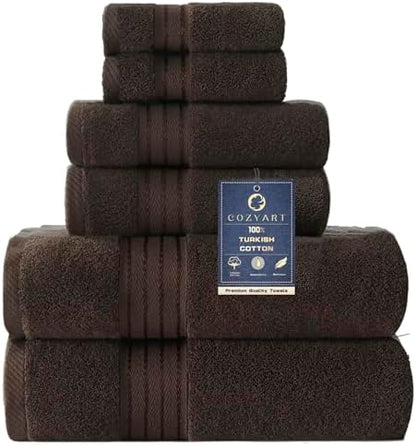 COZYART Luxury Bath Towel Set 6 Pcs, Brown 100% Turkish Cotton 650 GSM