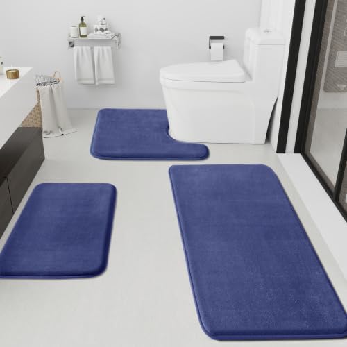 HUXMEYSON Bathroom Rugs Sets 3 Piece, Non-Slip & Quick Dry Bath Mat Set, Ultra Soft Velvet Bath Rugs for Bathroom, Toilet and Shower Floor, Royal Blue