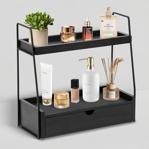 2-Tier Bathroom Countertop Organizer with Drawer, Wood Vanity Shelf Black