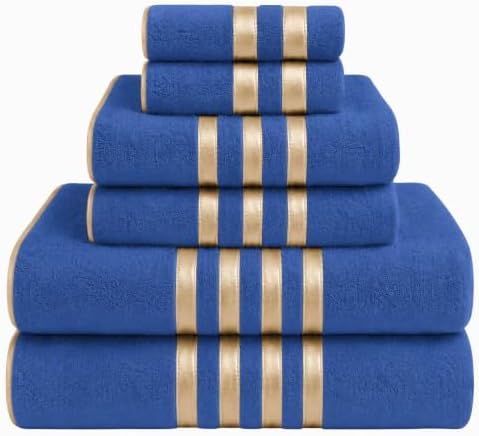 6-PCS Coral Fleece Microfiber Towel Set with Gold Stripes, Super Absorbent, Multiple Colors Available for Home, Bathroom, Hotel & Gym (6, Dark Blue)