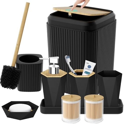 Black Bathroom Accessories Set, Unbreakable Bathroom Set, Trash Can, Toilet Brush with Holder, Soap Dispenser, Toothbrush and Toothpaste Holder, Tumbler, Soap Dish, Qtip Holders, Tray, Bamboo Decor