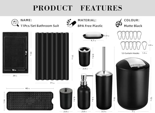 Black Bathroom Accessories Set, 23Pcs Bath Accessory Sets Complete with Bathtub Mat, Shower Curtain Set with Hooks, Soap Dispenser, Toothbrush Holder, Qtip Holder, Trash Can, Toilet Brush
