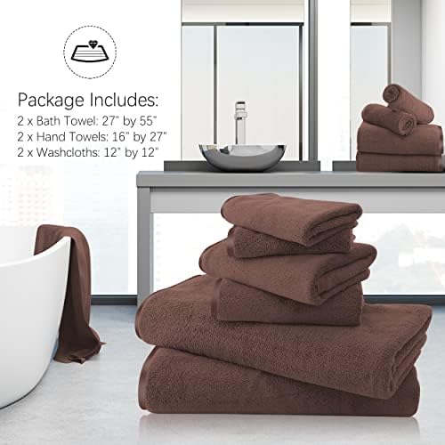 TENSTARS Luxury Silk Hemming Towel Set - Light Thin Quick Drying - 2 Bath Towels 2 Hand Towels 2 Washcloths - Ultra Soft Microfiber Towel for Bath Fitness, Sports, Yoga, Travel (Wood Brown 6 Pieces)