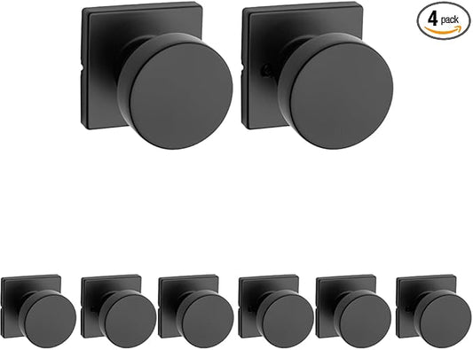 Kwikset Pismo Interior Passage Door Knob,Handle for Closet and Hallway Doors,Non-Locking Doorknob in Matte Black,with Microban Protection,(Pack of 4)