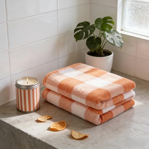 2 Pack Microfiber Bath Towels 27x55 Inches, Soft Orange Plaid Quick Dry Absorbent Oversized Shower Towel, Lightweight Portable Beach Pool Gym Camping Travel Towels for Adults