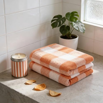 2 Pack Microfiber Bath Towels 27x55 Inches, Soft Orange Plaid Quick Dry Absorbent Oversized Shower Towel, Lightweight Portable Beach Pool Gym Camping Travel Towels for Adults