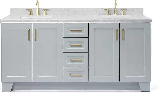 ARIEL Taylor 72-inch Bathroom Vanity with Sink,Solid Wood, 1.5-inch Italian Carrara Marble Countertop & Backsplash, Double Rectangular Porcelain Sink, 4 Soft Closing Doors, 6 Dovetail Drawers, Grey