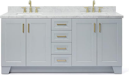 ARIEL Taylor 72-inch Bathroom Vanity with Sink,Solid Wood, 1.5-inch Italian Carrara Marble Countertop & Backsplash, Double Rectangular Porcelain Sink, 4 Soft Closing Doors, 6 Dovetail Drawers, Grey