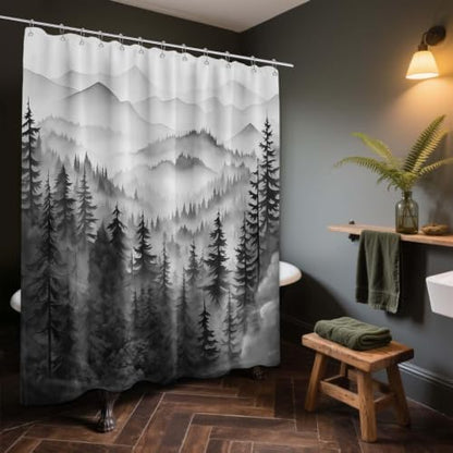 Black and White Forest Shower Curtain, 72x72 in, Mens Mountain Nature