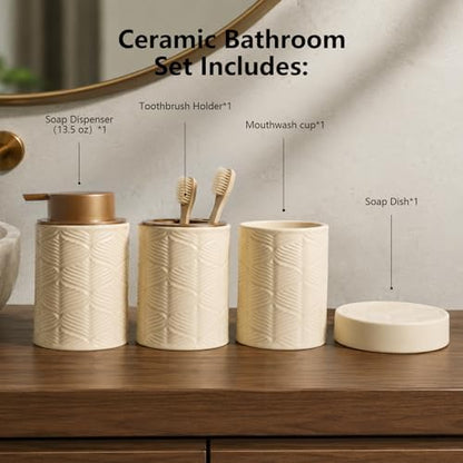 Ceramic Bathroom Accessory Set 4 Pcs with Lotion/Soap Dispenser, Toothbrush Holder, Soap Dish, Tumbler, Modern Scandinavian Bathroom Decor and Storage Set, Easy to Clean, Creamy, Beige