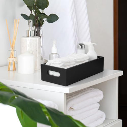 ALELION 14 Inch Black Wood Bathroom Storage Basket with Handles, Toilet Paper Basket for Back of Toilet Tank Top, Wooden Organizer Tray for Bathroom Countertop, Vanity, Kitchen, Pantry, Laundry Room