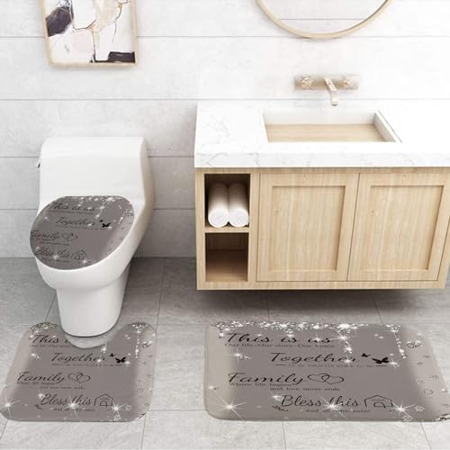 4Pcs Family Shower Curtain Sets with Non-Slip Rugs