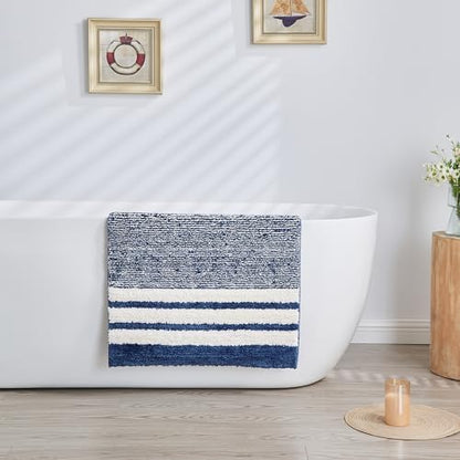 CozeCube Navy Blue Striped 32"x20" Non Slip Washable Bath Mat