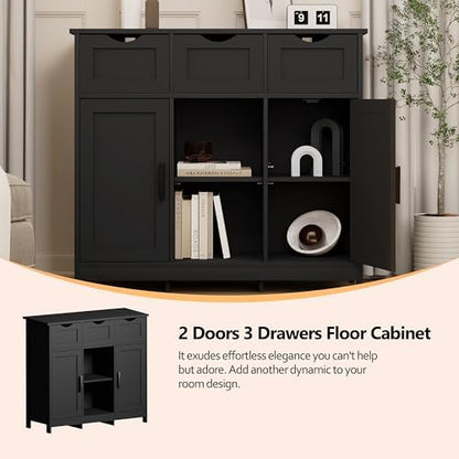 Sideboard Floor Storage Cabinet - Wooden Storage Organizer with 2 Doors and 3 Drawers, Free Standing Accent Buffet Cabinet with Adjustable Shelves for Living Room, Kitchen, Bathroom (Black)