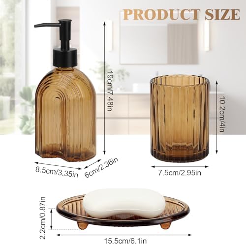 Bathroom Accessories Set, 4Pcs Glass Bathroom Accessories Set Complete, 11.6OZ Lotion Soap Dispenser, Toothbrush Holder, Mouthwash Cup, Soap Dish for Bathroom Decor, Countertop Organizer (Amber)