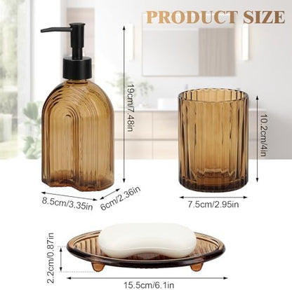 Bathroom Accessories Set, 4Pcs Glass Bathroom Accessories Set Complete, 11.6OZ Lotion Soap Dispenser, Toothbrush Holder, Mouthwash Cup, Soap Dish for Bathroom Decor, Countertop Organizer (Amber)