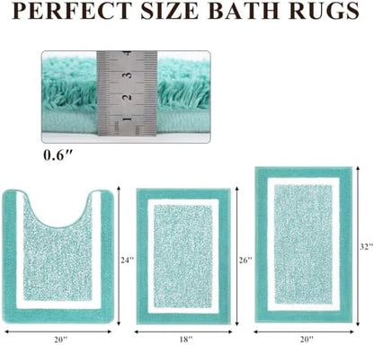 Pauwer 3 Piece Bathroom Rug Set, Non Slip Washable Bath Mat, Teal