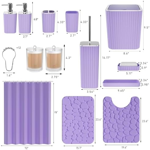 XLHOMO Bathroom Accessories Set - 25PC Bathroom Sets with Shower Curtain and Rugs, Purple Bathroom Accessories with Trash Can, Soap Dispenser, Soap Dish & Toilet Brush