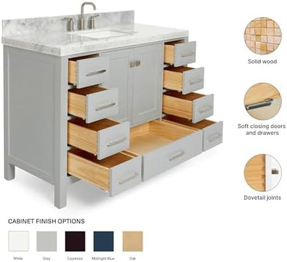 ARIEL Cambridge 48-inch Bathroom Vanity with Sink,Solid Wood, 2-inch Italian Carrara Marble Countertop, Single Rectangular Porcelain Sink, 2 Soft Closing Doors, 9 Dovetail Drawers, Grey