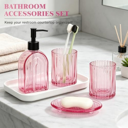 Bathroom Accessories Set, 4Pcs Glass Bathroom Accessories Set Complete, 13.5OZ Lotion Soap Dispenser, Toothbrush Holder, Mouthwash Cup, Soap Dish for Bathroom Decor, Countertop Organizer (Pink)