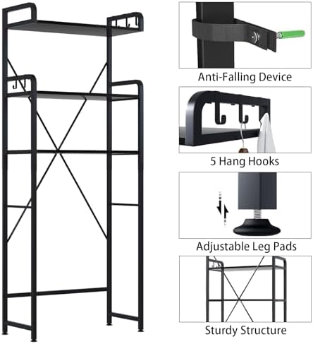 Huhote Over-The-Toilet Storage Rack with 3-Tier Shelves, Space Saver Toilet Shelf, Bathroom Storage Organizer with Hooks for Over-Toilet Storage (Black)