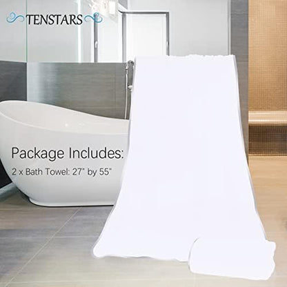 TENSTARS Silk Hemming Bath Towels for Bathroom Clearance - 27 x 55 inches - Light Thin Quick Drying - Soft Microfiber Absorbent Towel for Bath Fitness, Sports, Yoga, Travel, Gym - 2 Pack, White