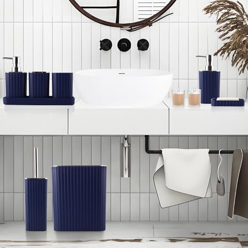 XLHOMO Navy Blue Bathroom Accessories Set - Gorgeous Bathroom Set, 10PC Bathroom Accessory Set, Toilet Brush, Trash Can, Qtip Holder & Soap Dispenser